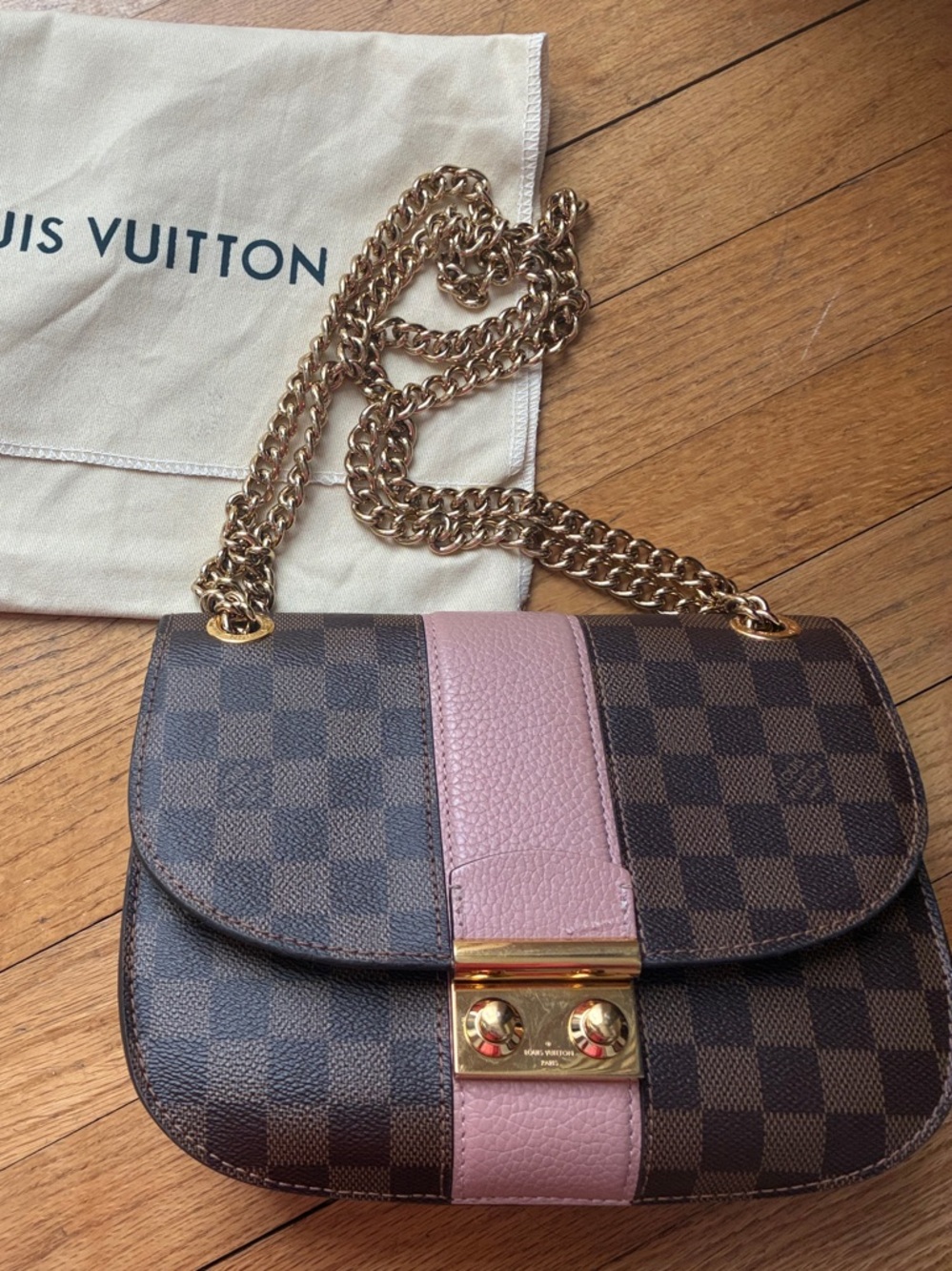 Louis Vuitton Brown Damier Ebene with Pink Center Stripe Chain Crossbody